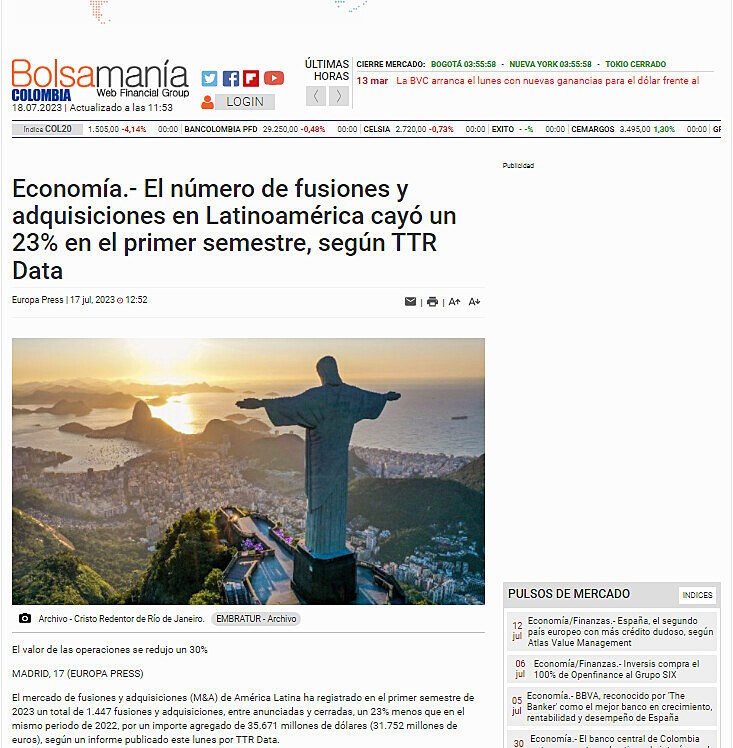 Economa.- El nmero de fusiones y adquisiciones en Latinoamrica cay un 23% en el primer semestre, segn TTR Data